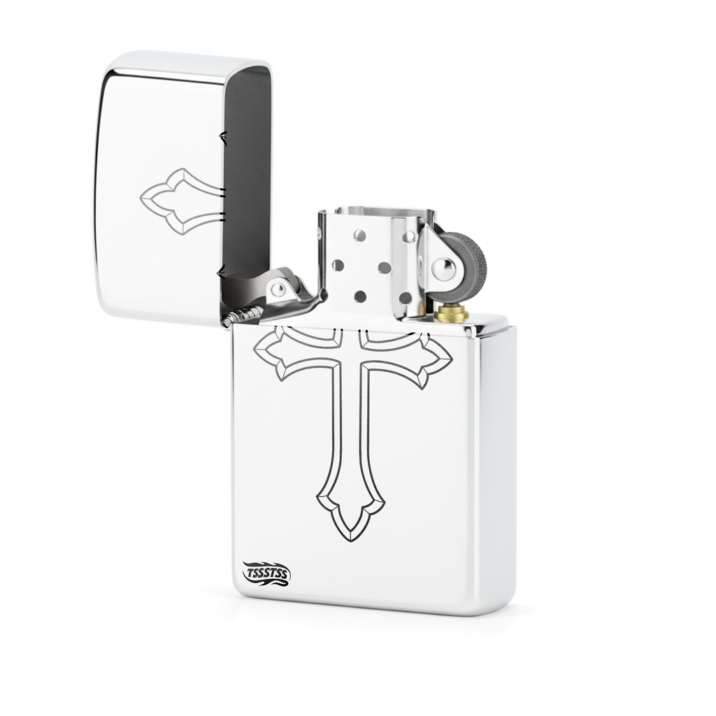 Isqueiro Cromado Polido 'Cruz Classica' detalhe 2