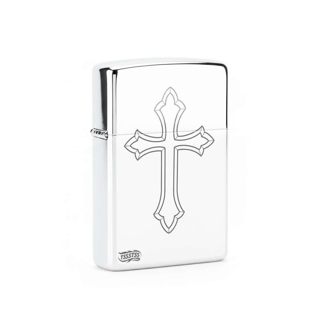 Isqueiro Cromado Polido 'Cruz Classica' detalhe 3