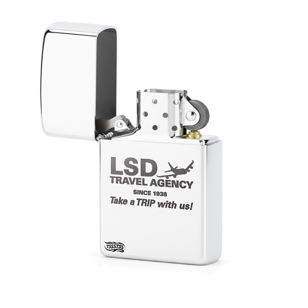 Isqueiro Cromado Polido 'Take A Trip With Us' detalhe 2