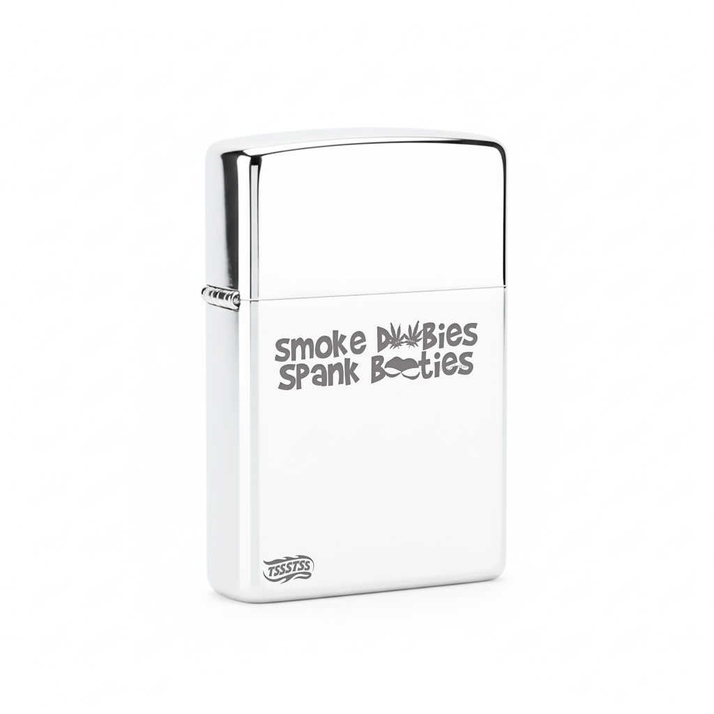 Isqueiro Cromado Polido 'Smoke D00bies Spank B00ties' detalhe 3