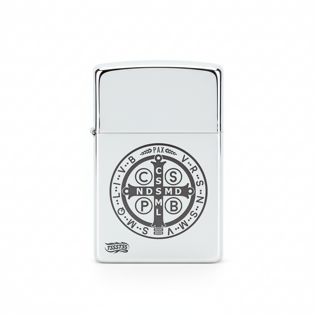 Isqueiro Cromado Polido 'Medalha de São Bento'