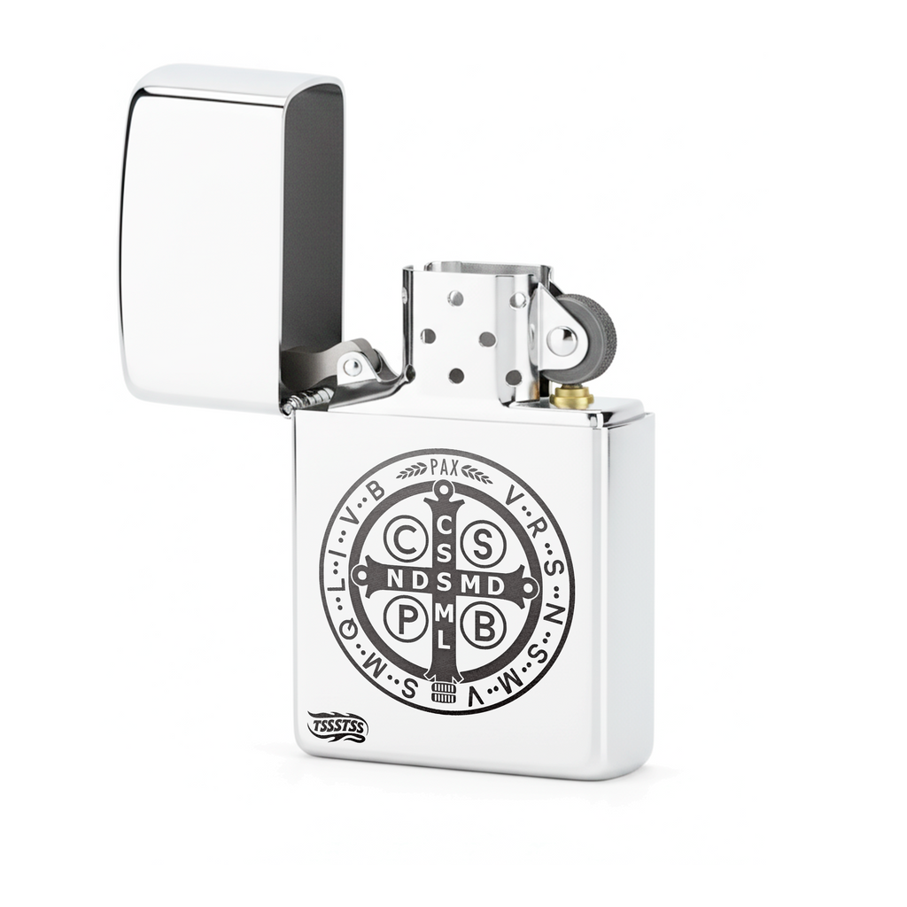 Isqueiro Cromado Polido 'Medalha de São Bento'