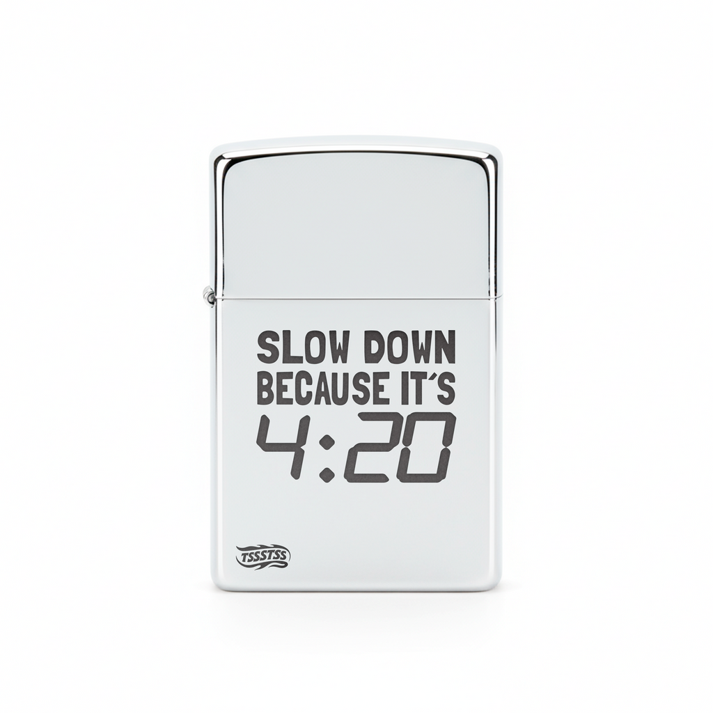 Isqueiro Cromado Polido 'Slow Down Because It's 420'