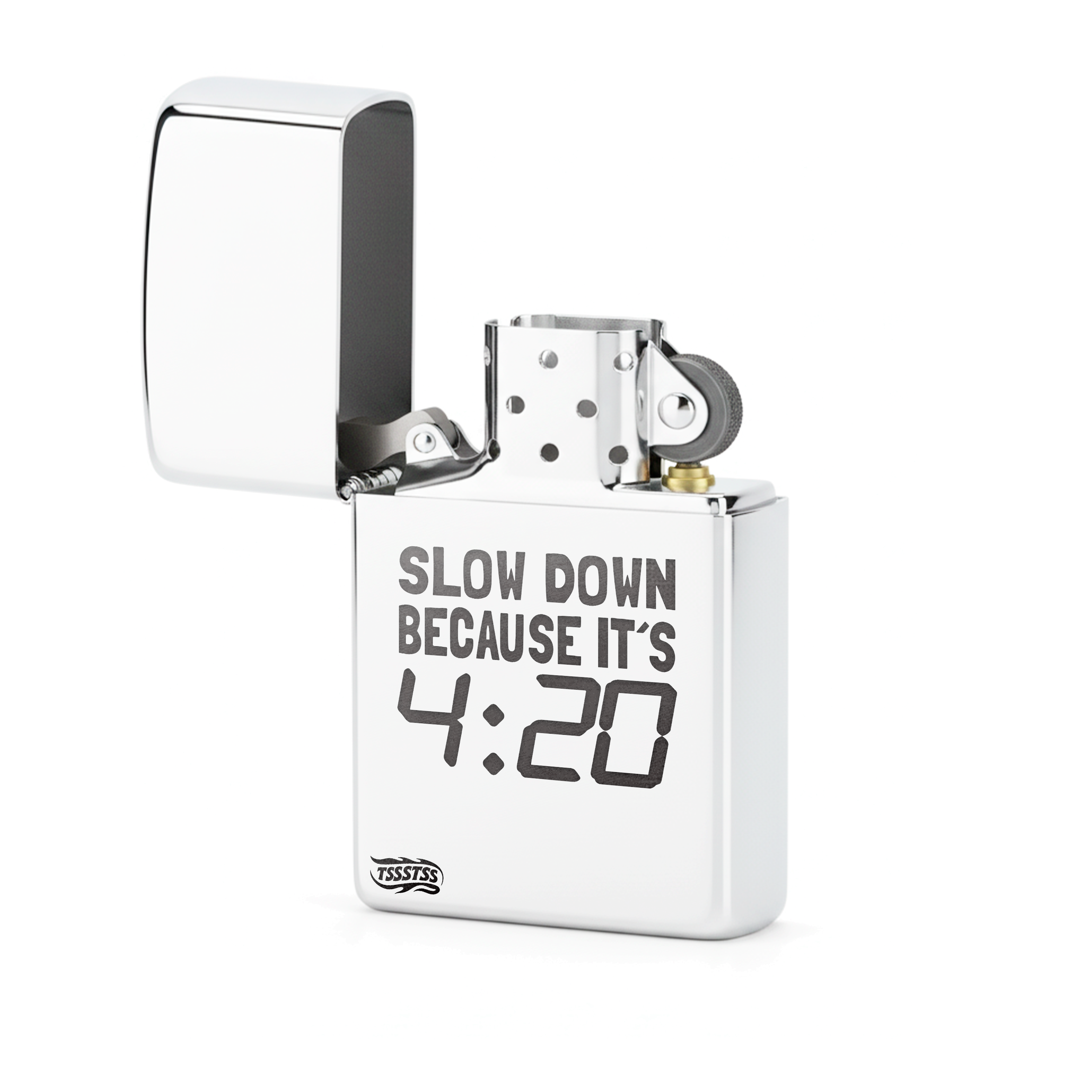 Isqueiro Cromado Polido 'Slow Down Because It's 420'