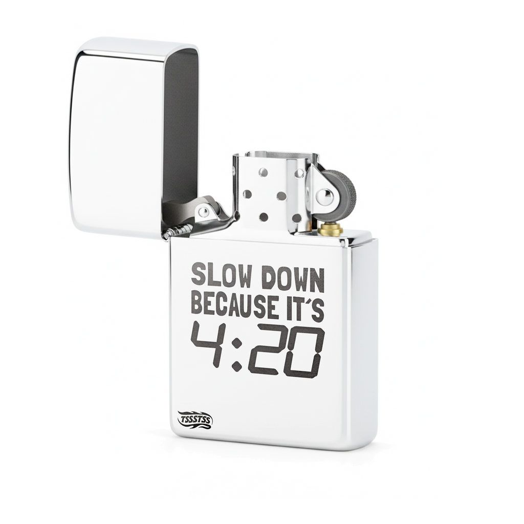 Isqueiro Cromado Polido 'Slow Down Because It's 420' detalhe 2