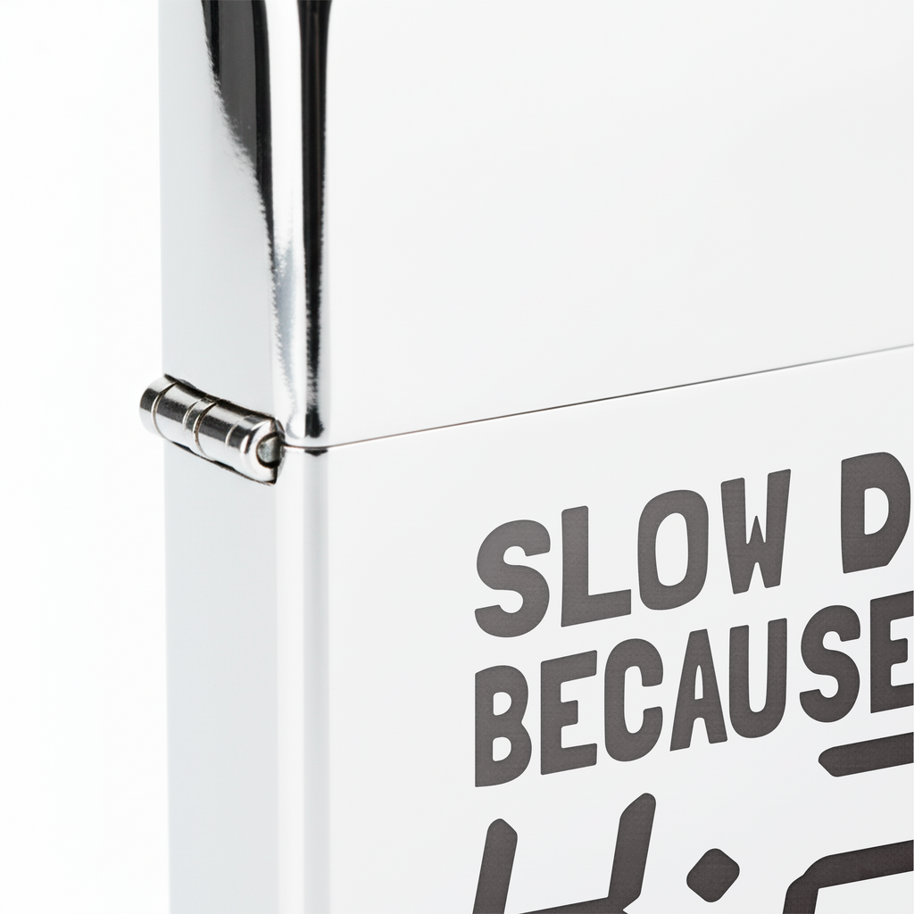 Isqueiro Cromado Polido 'Slow Down Because It's 420' detalhe 5