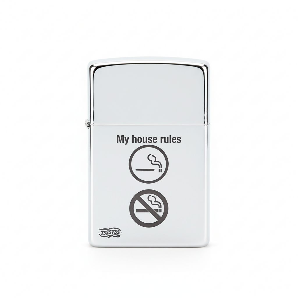 Isqueiro Cromado Polido 'My House Rules'