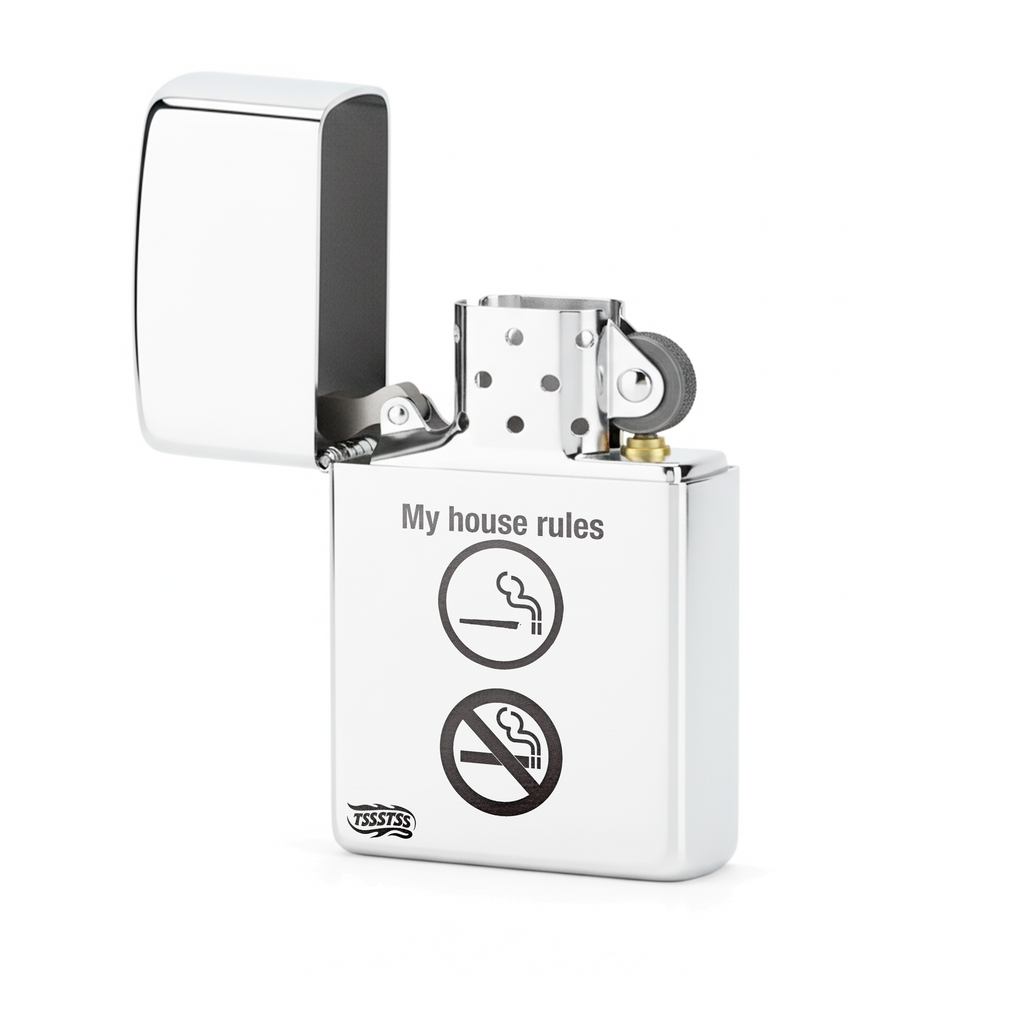 Isqueiro Cromado Polido 'My House Rules'