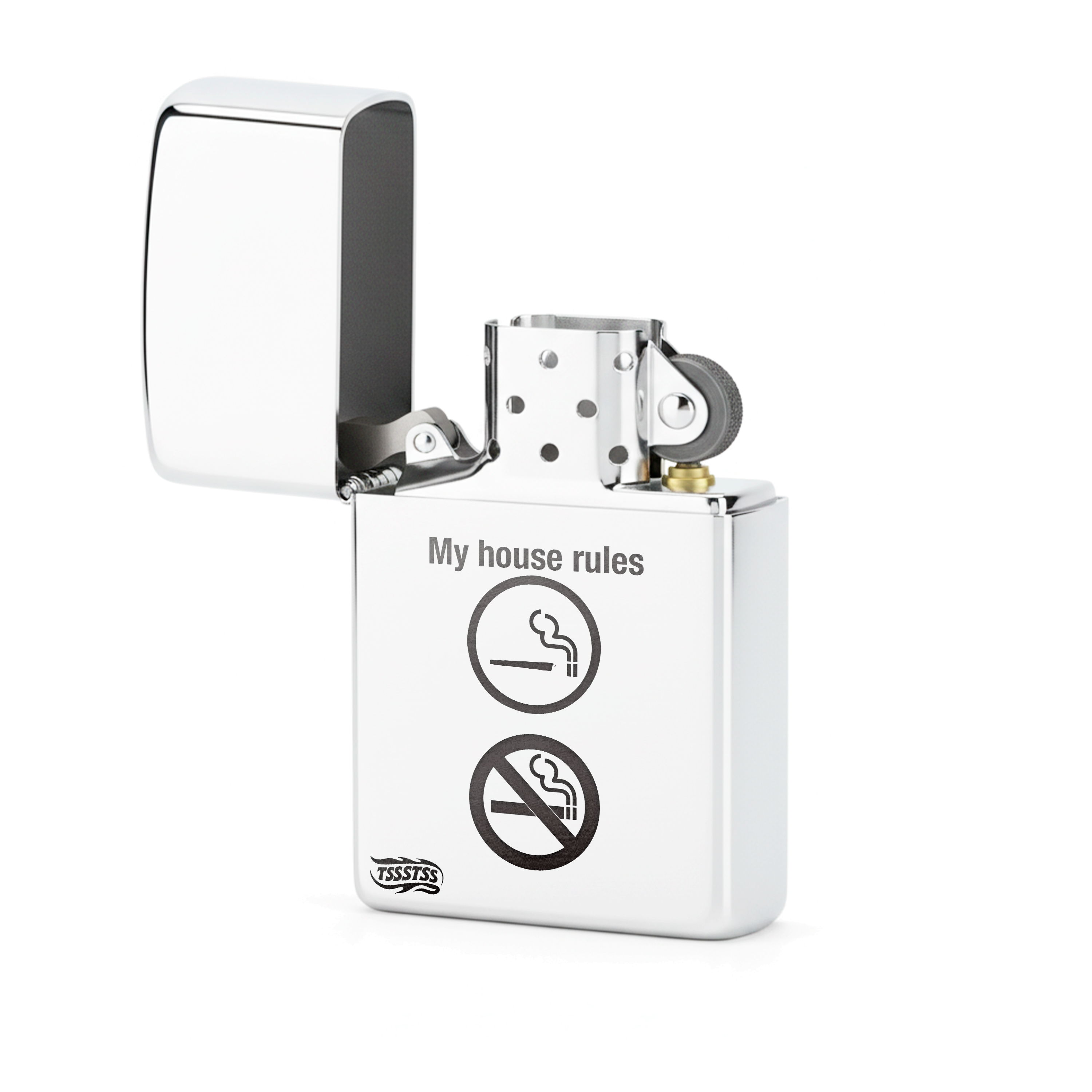 Isqueiro Cromado Polido 'My House Rules'