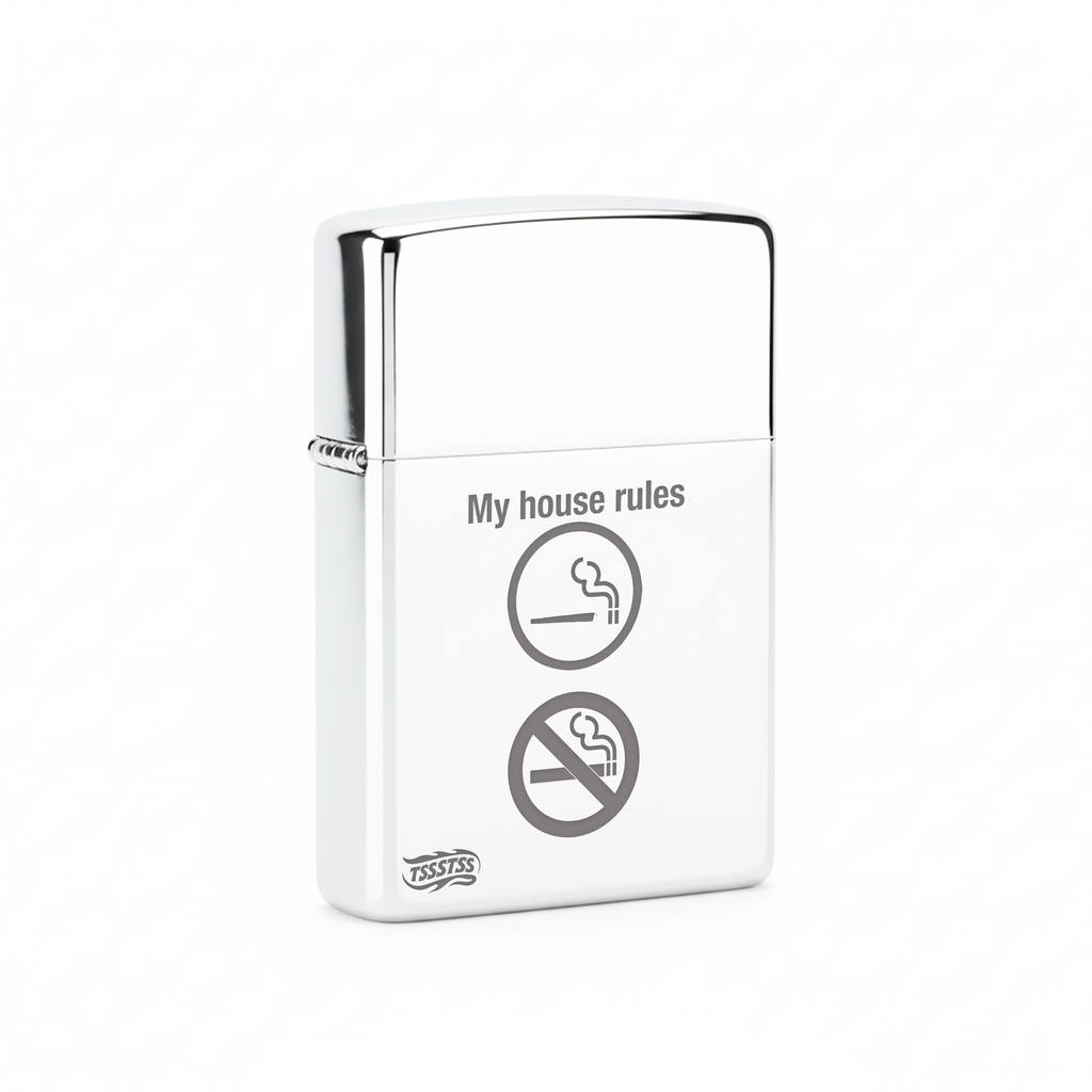 Isqueiro Cromado Polido 'My House Rules'