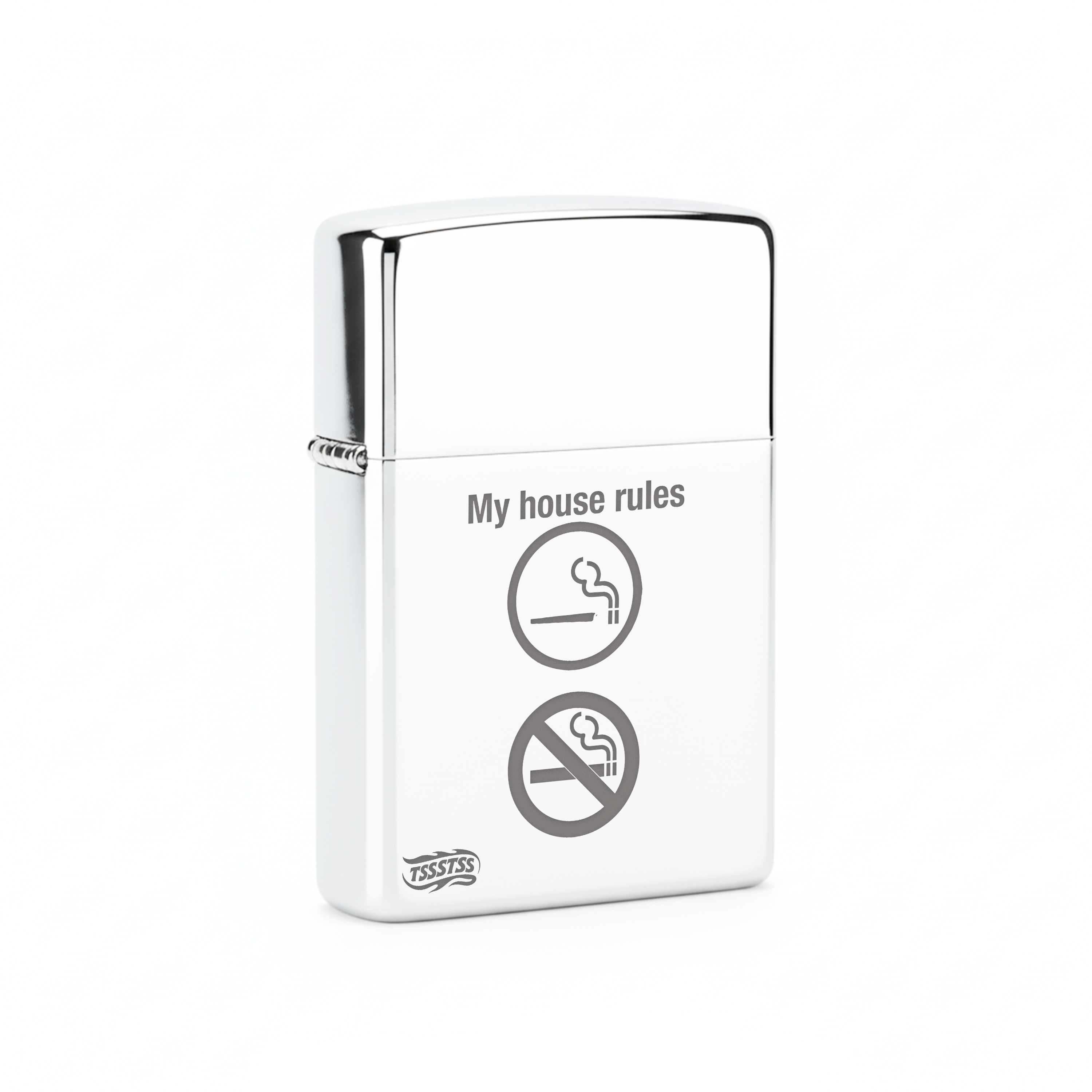 Isqueiro Cromado Polido 'My House Rules'