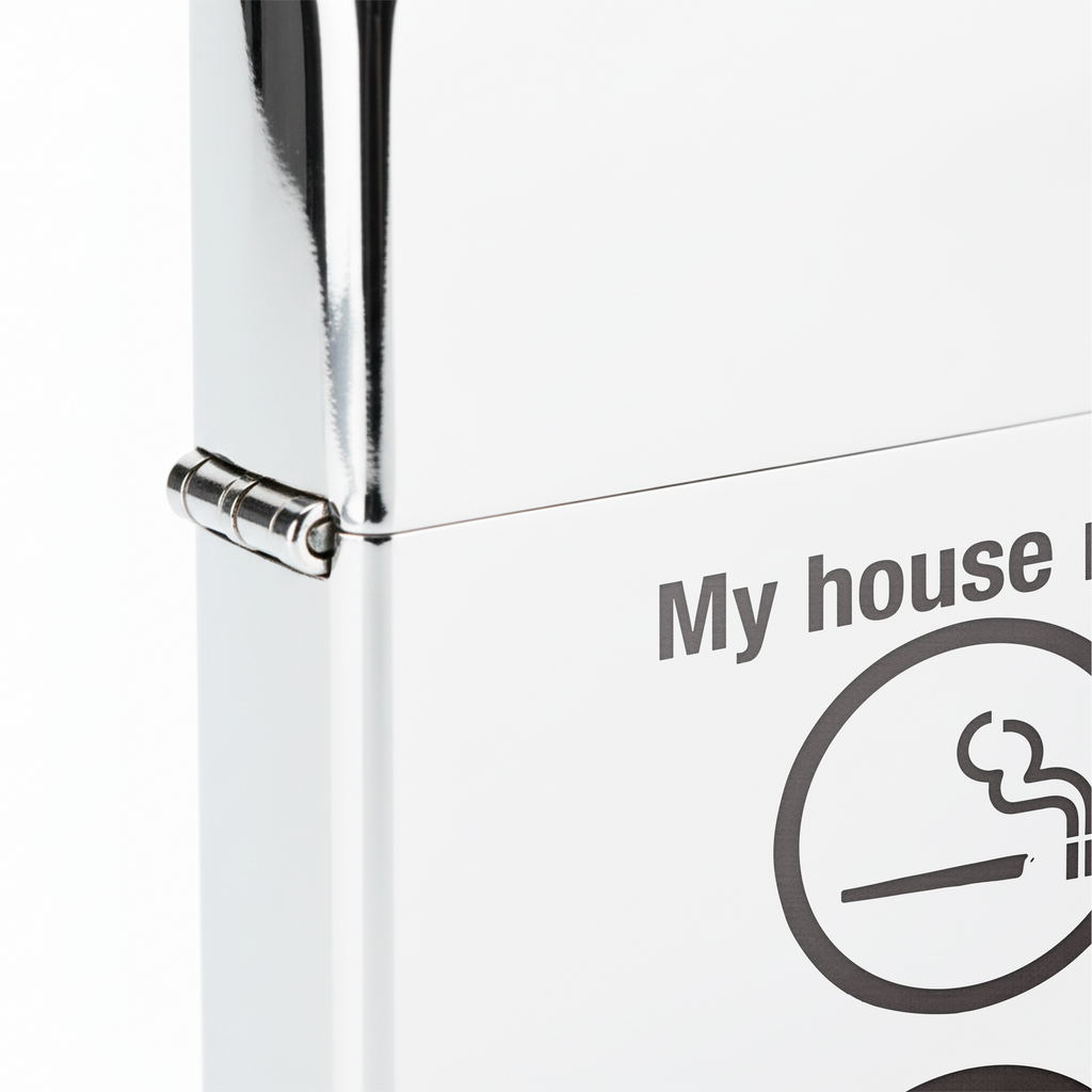 Isqueiro Cromado Polido 'My House Rules' detalhe 5