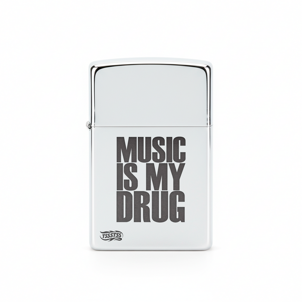 Isqueiro Cromado Polido 'Music Is My Drug'