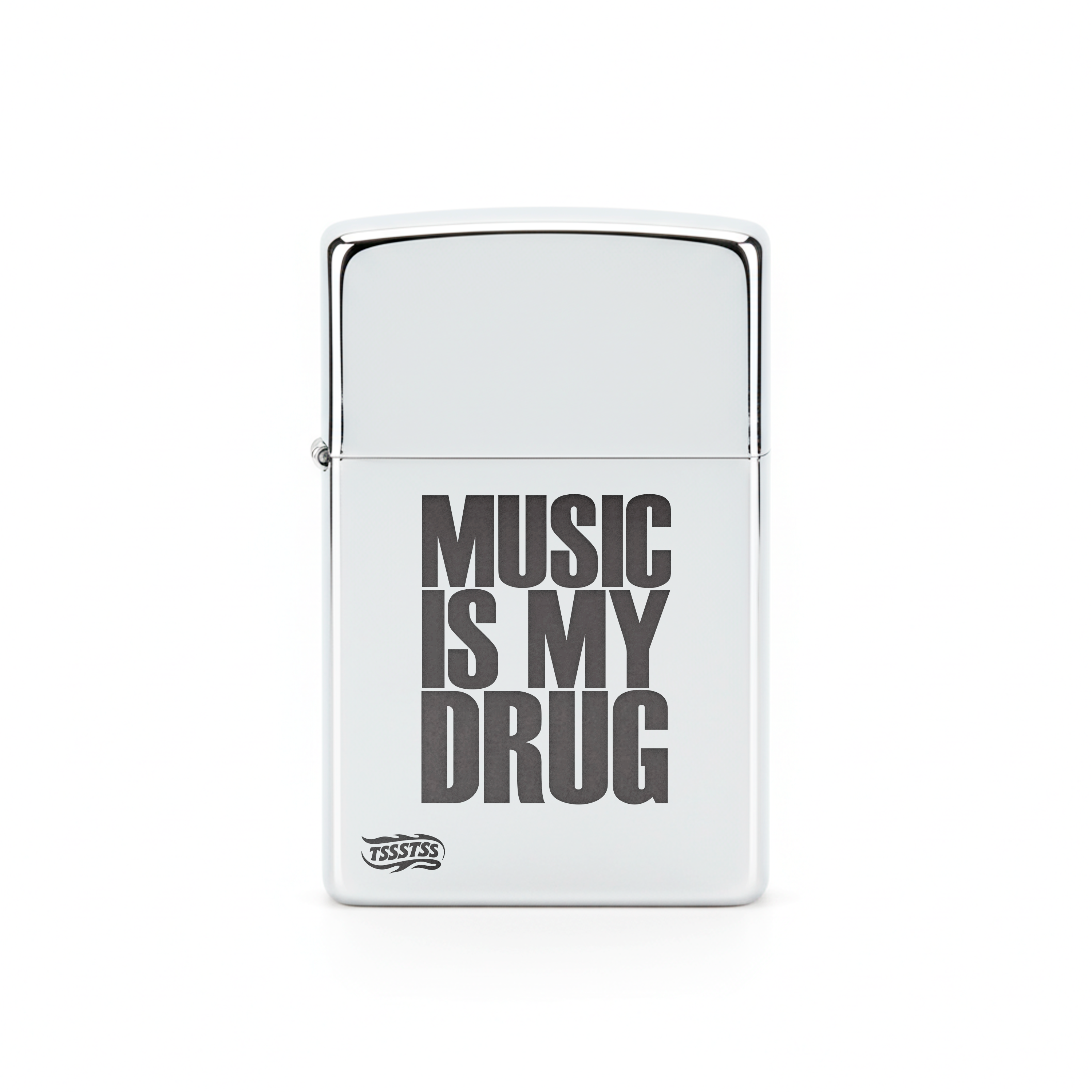 Isqueiro Cromado Polido 'Music Is My Drug'