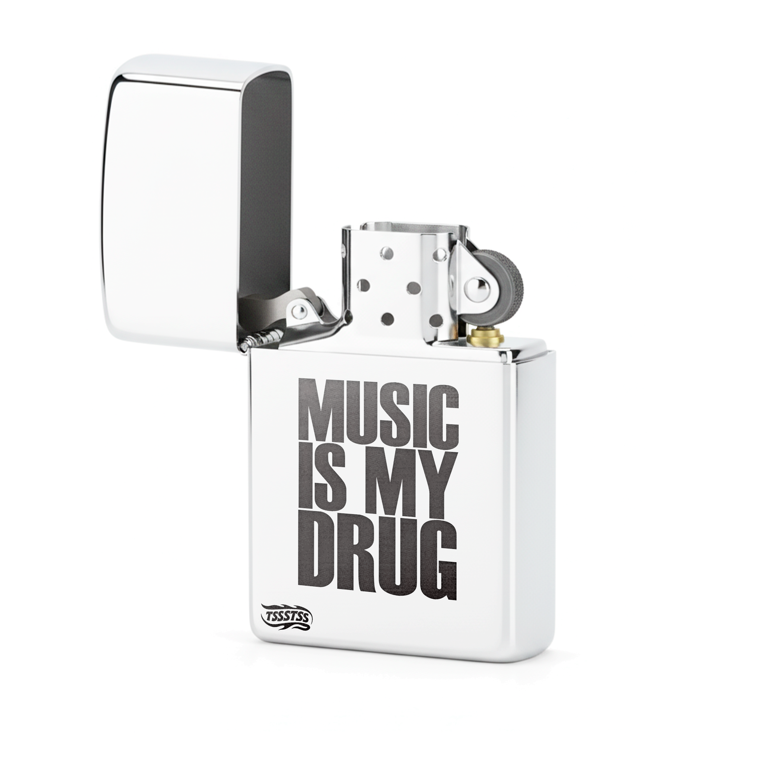 Isqueiro Cromado Polido 'Music Is My Drug'