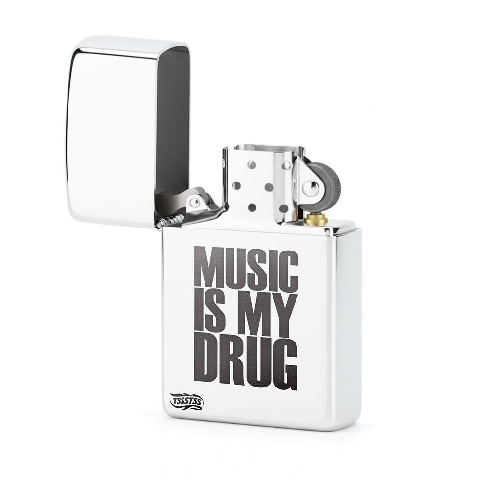 Isqueiro Cromado Polido 'Music Is My Drug' detalhe 2
