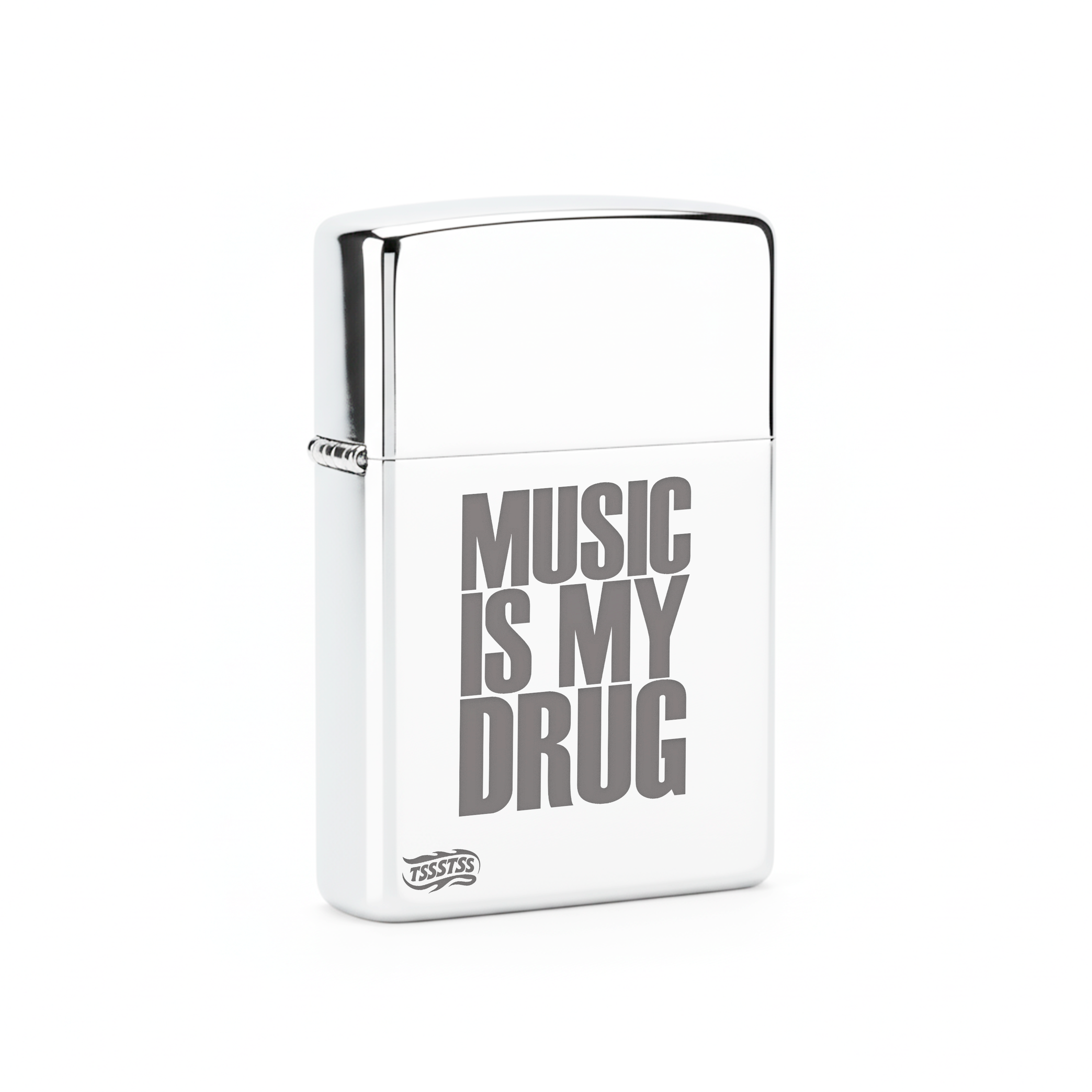 Isqueiro Cromado Polido 'Music Is My Drug'