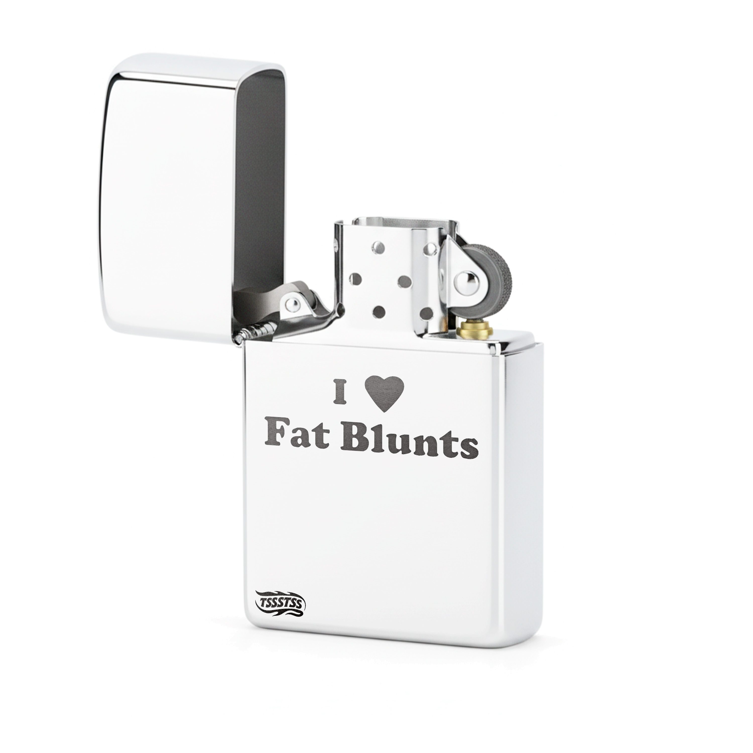Isqueiro Cromado Polido 'I Love Fat Blunts'