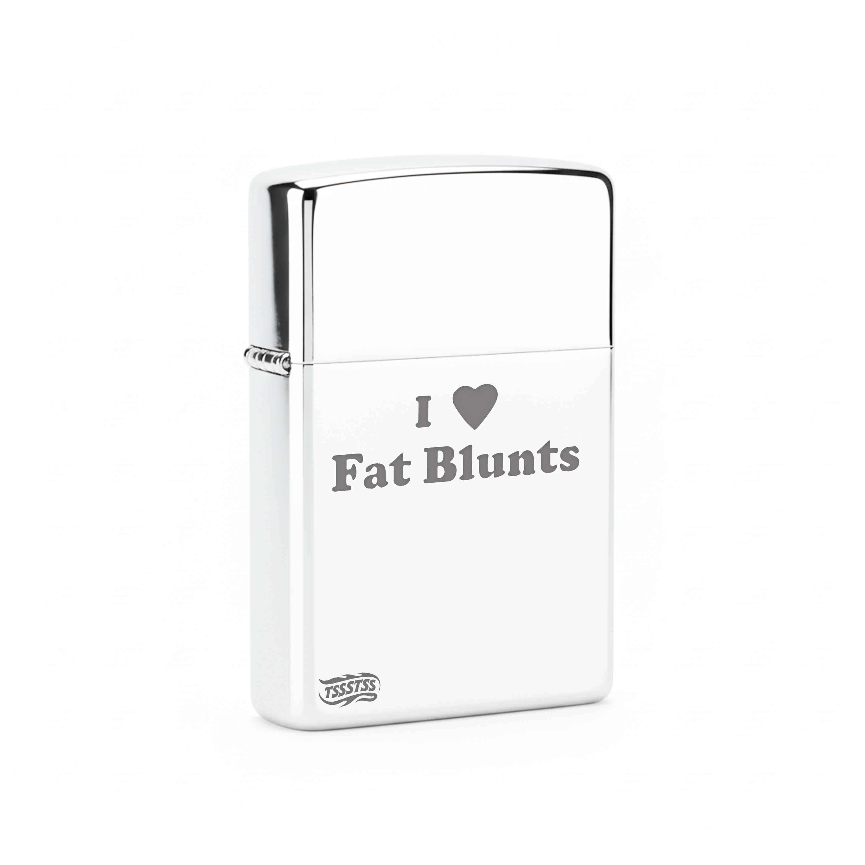 Isqueiro Cromado Polido 'I Love Fat Blunts'