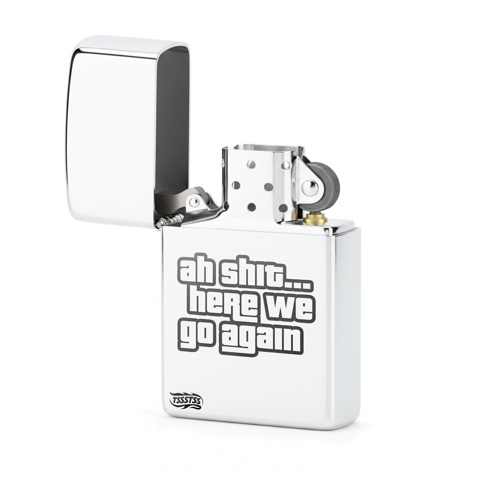 Isqueiro Cromado Polido 'Here We Go Again' detalhe 2