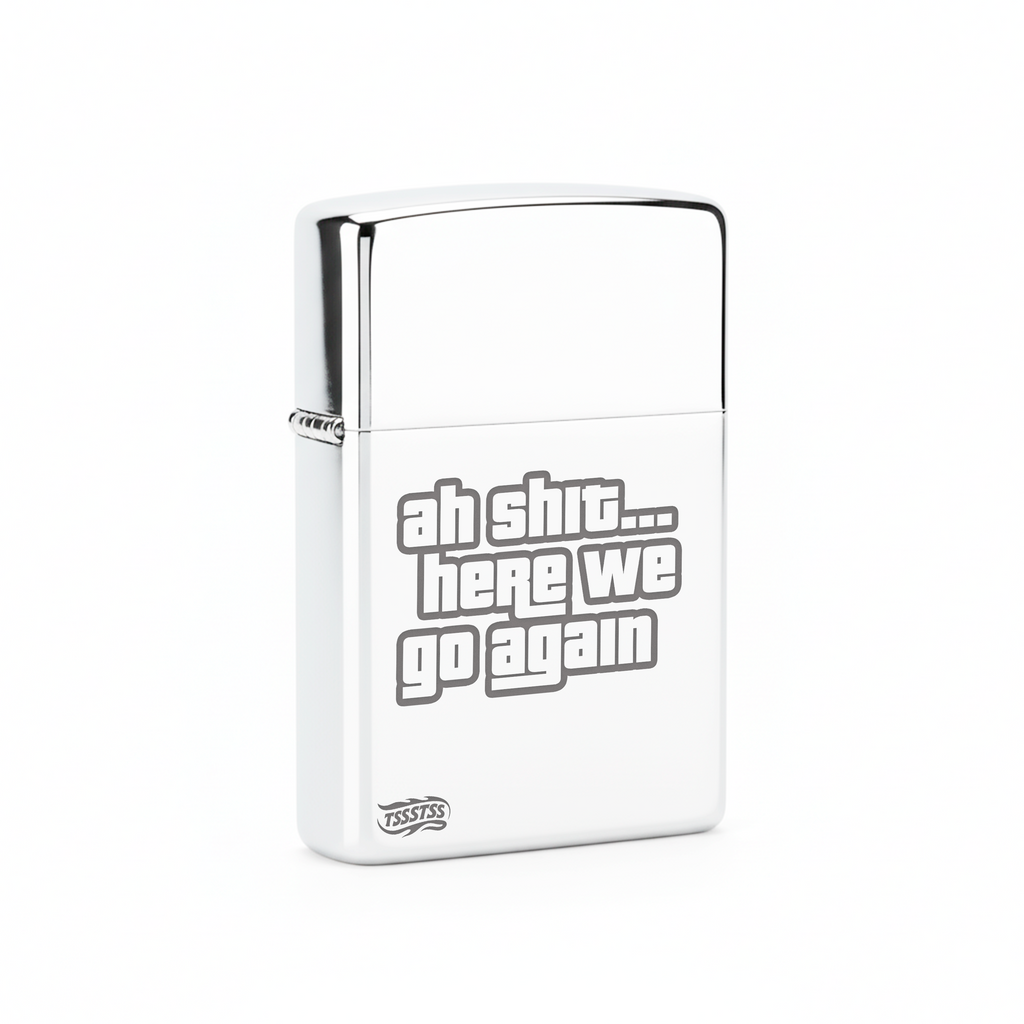 Isqueiro Cromado Polido 'Here We Go Again' detalhe 3