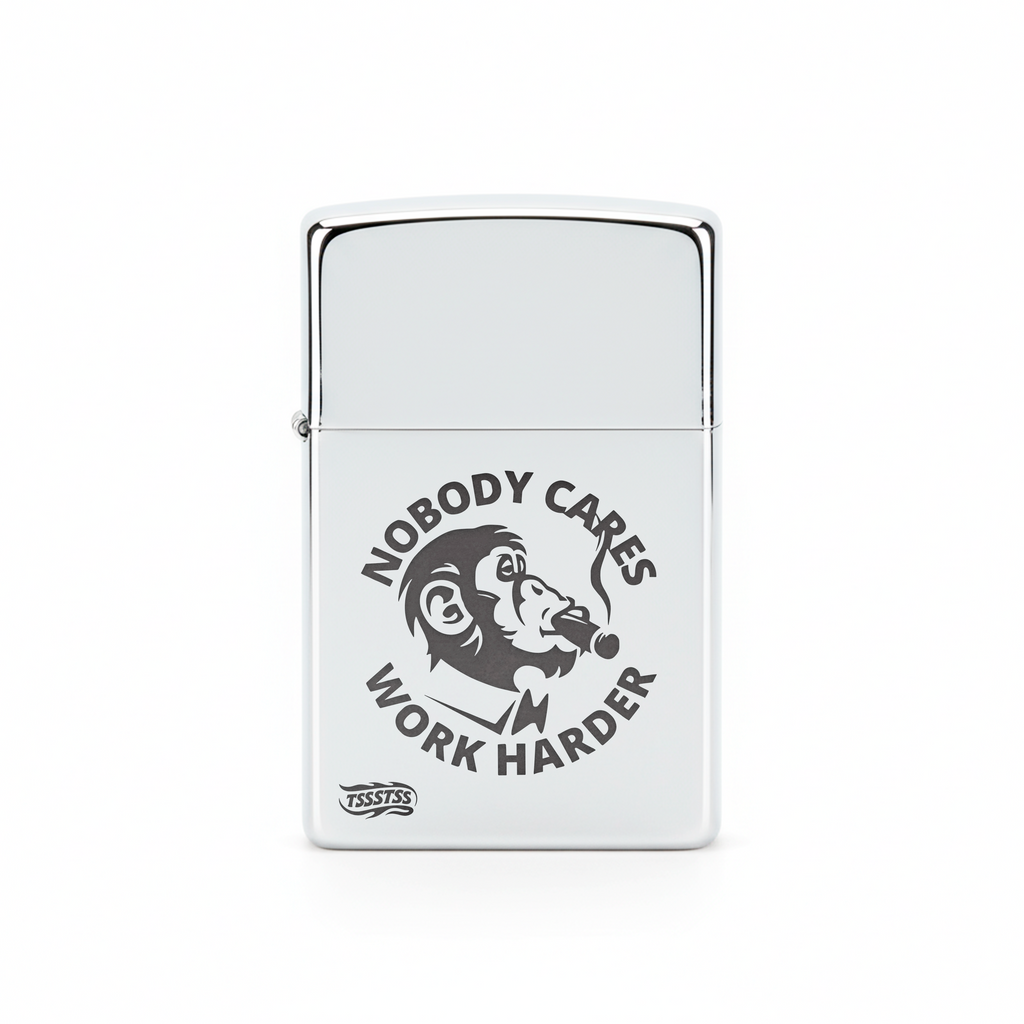 Isqueiro Cromado Polido 'Nobody Cares, Work Harder'