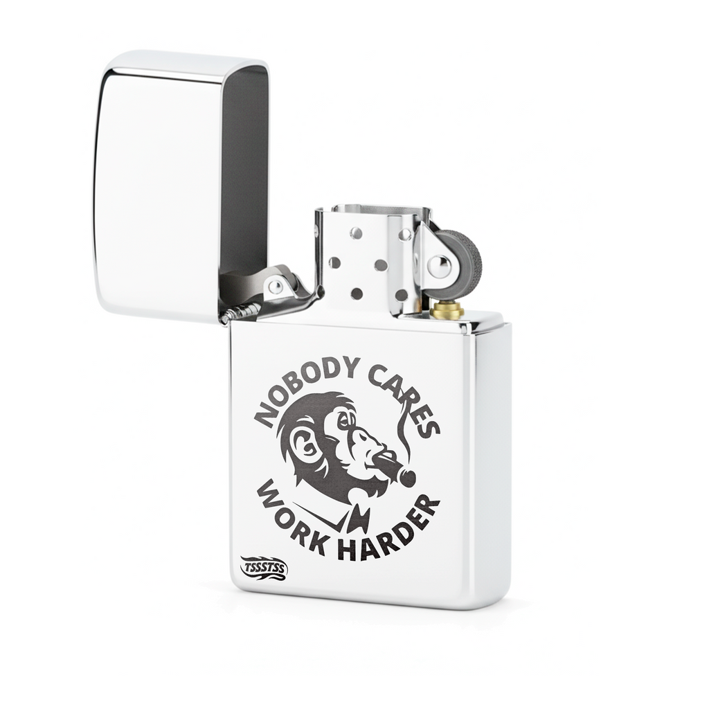 Isqueiro Cromado Polido 'Nobody Cares, Work Harder'