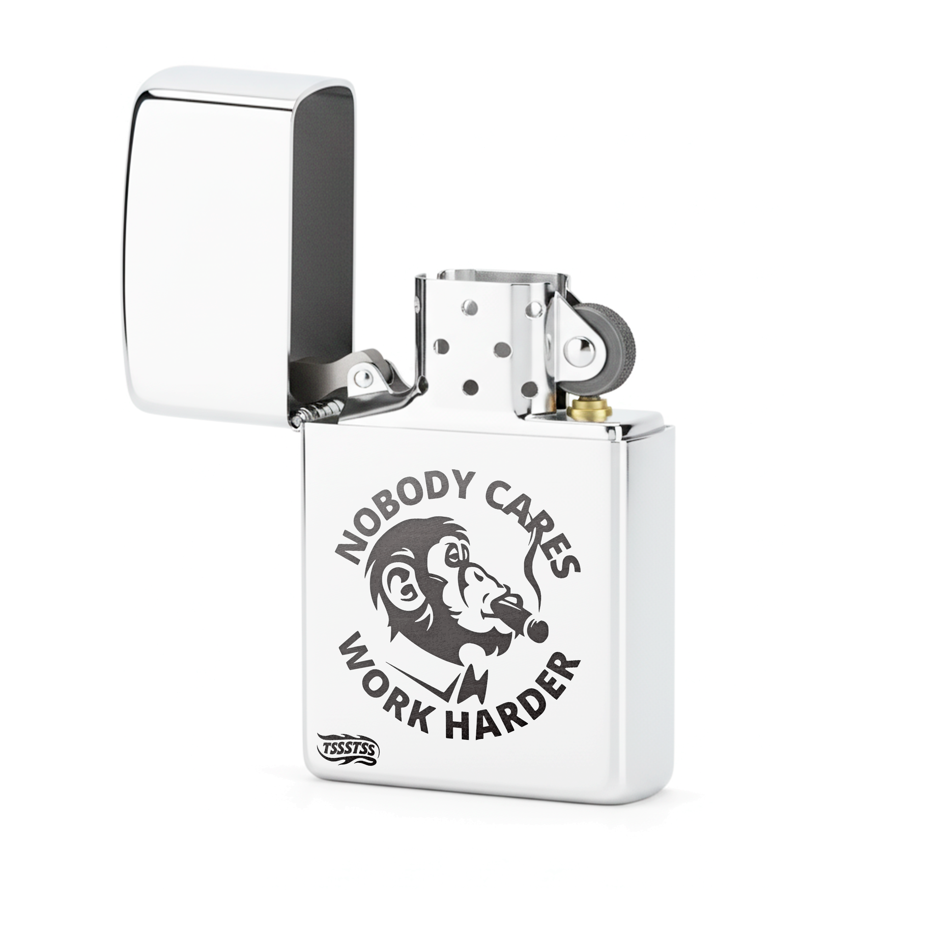 Isqueiro Cromado Polido 'Nobody Cares, Work Harder'
