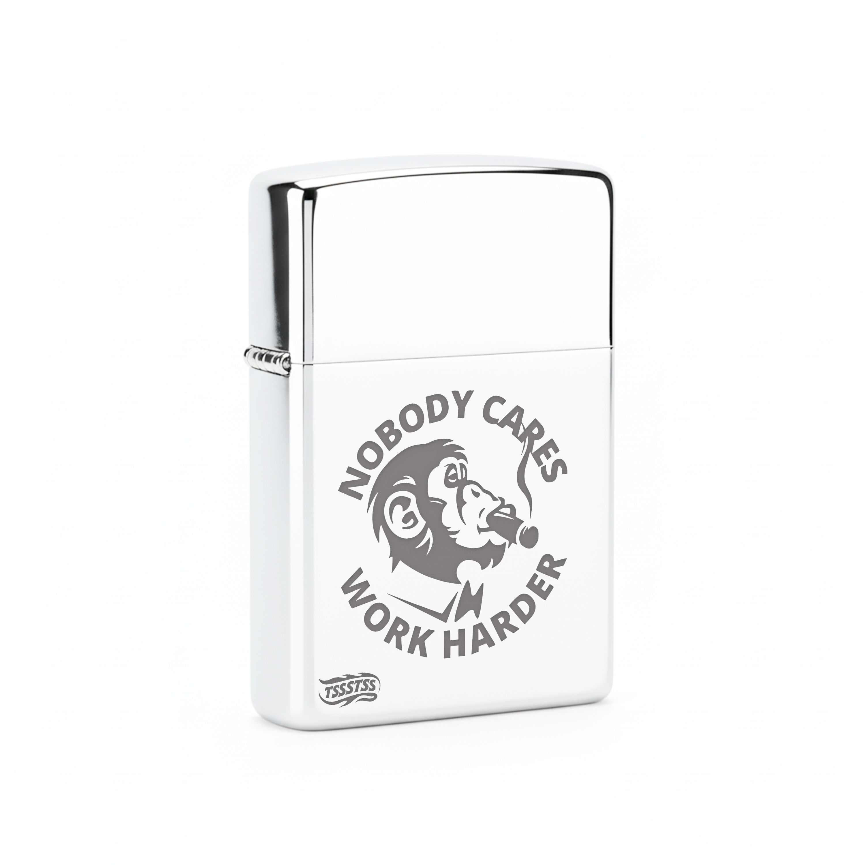 Isqueiro Cromado Polido 'Nobody Cares, Work Harder'