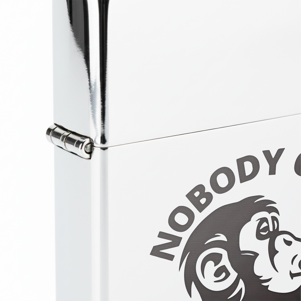 Isqueiro Cromado Polido 'Nobody Cares, Work Harder' detalhe 5