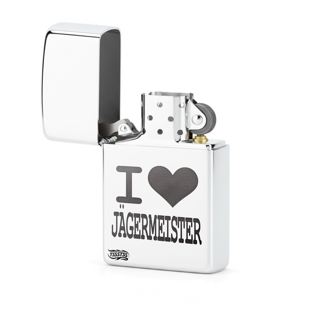 Isqueiro Cromado Polido 'I Love Jägermeister'