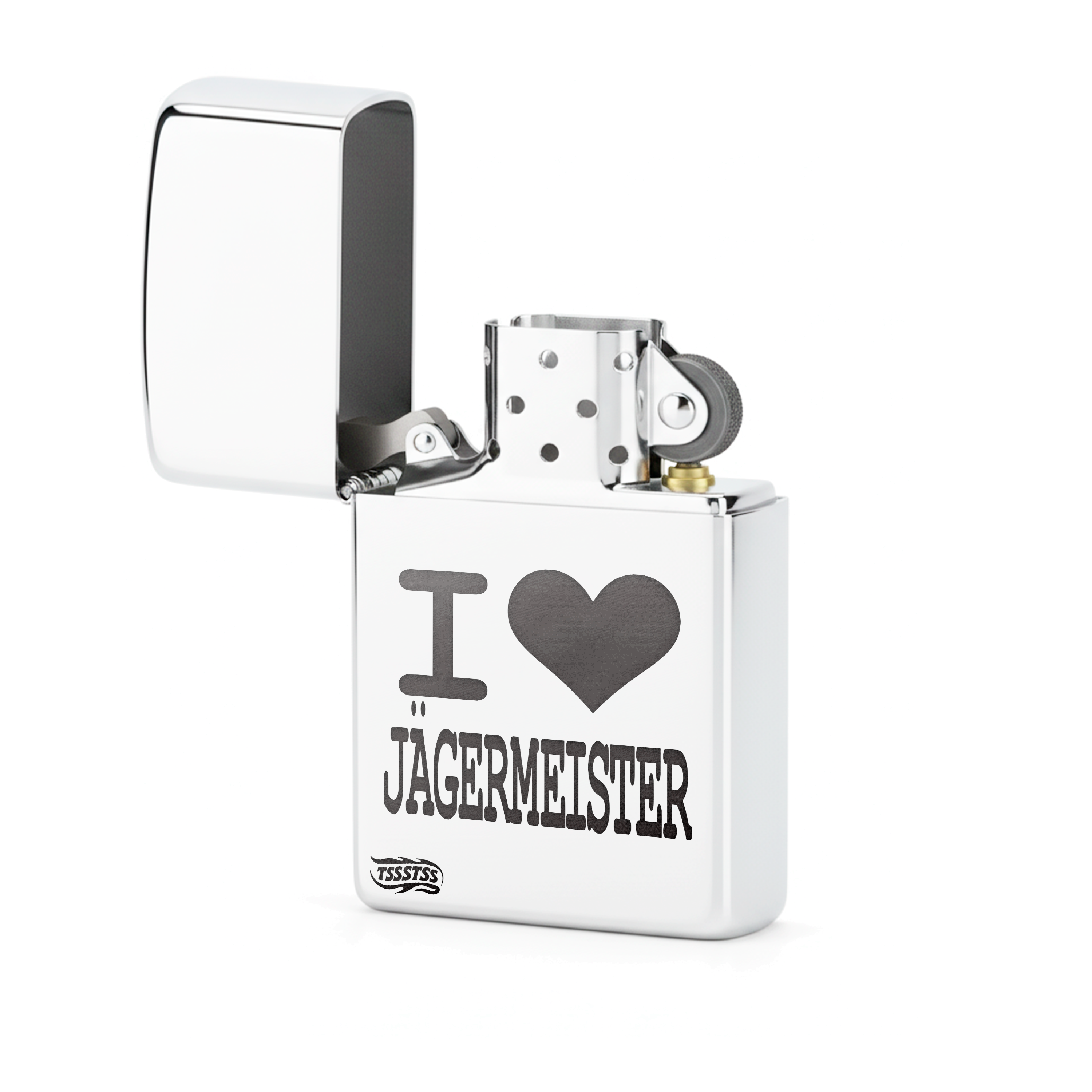 Isqueiro Cromado Polido 'I Love Jägermeister'