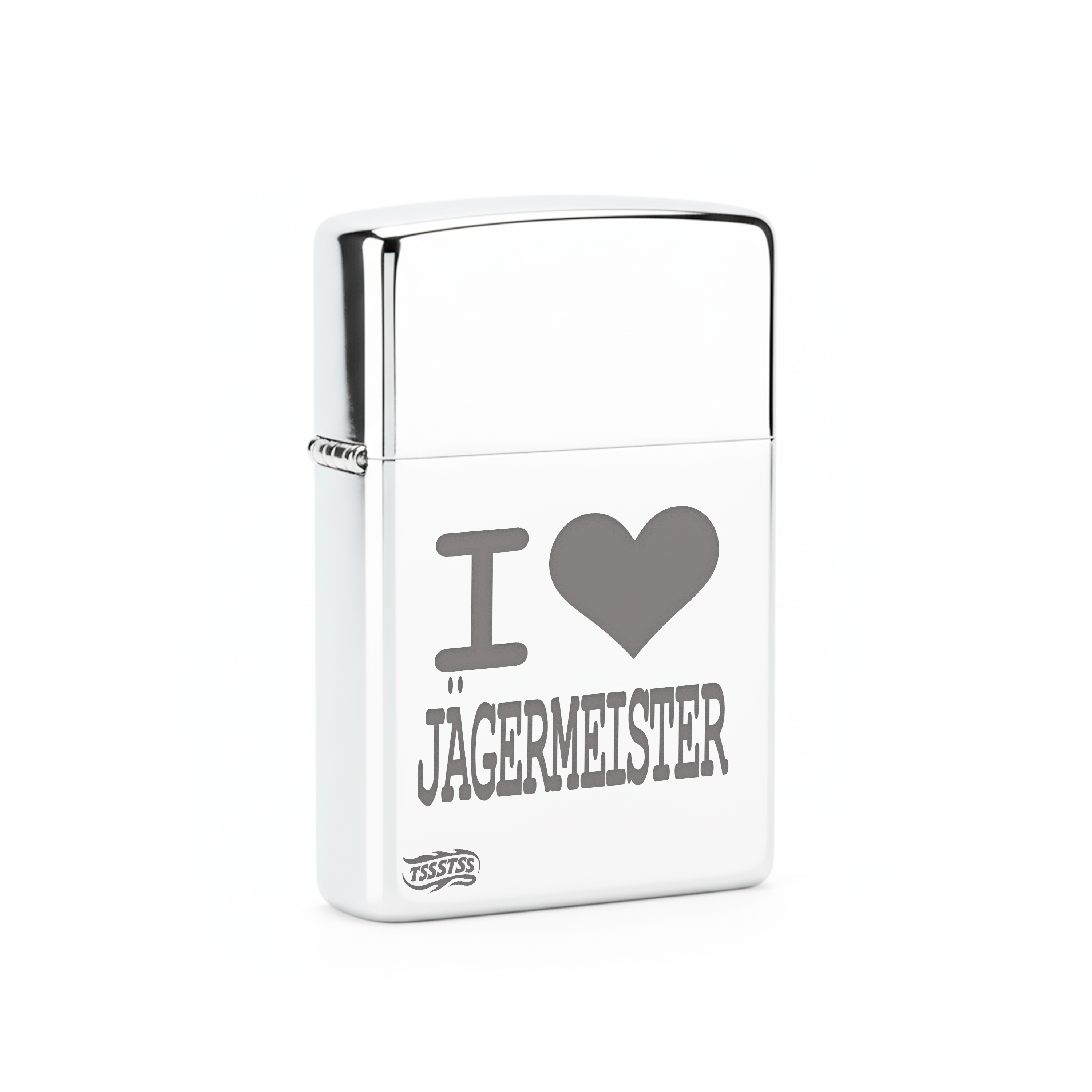 Isqueiro Cromado Polido 'I Love Jägermeister'