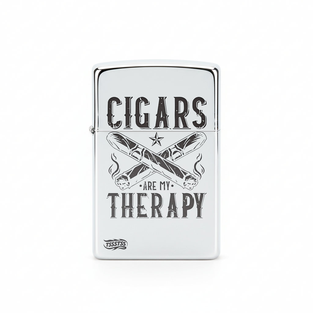 Isqueiro Cromado Polido 'Cigars Are My Therapy'