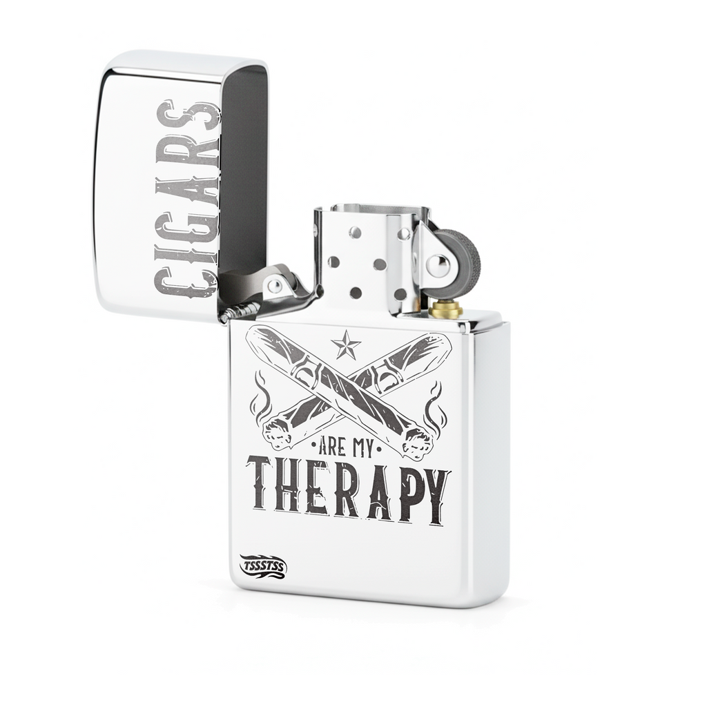 Isqueiro Cromado Polido 'Cigars Are My Therapy' detalhe 2