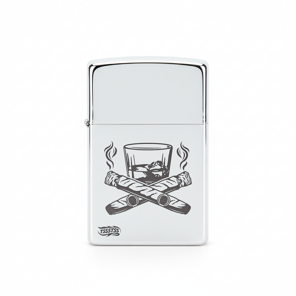 Isqueiro Cromado Polido 'Cigars & Whiskey'