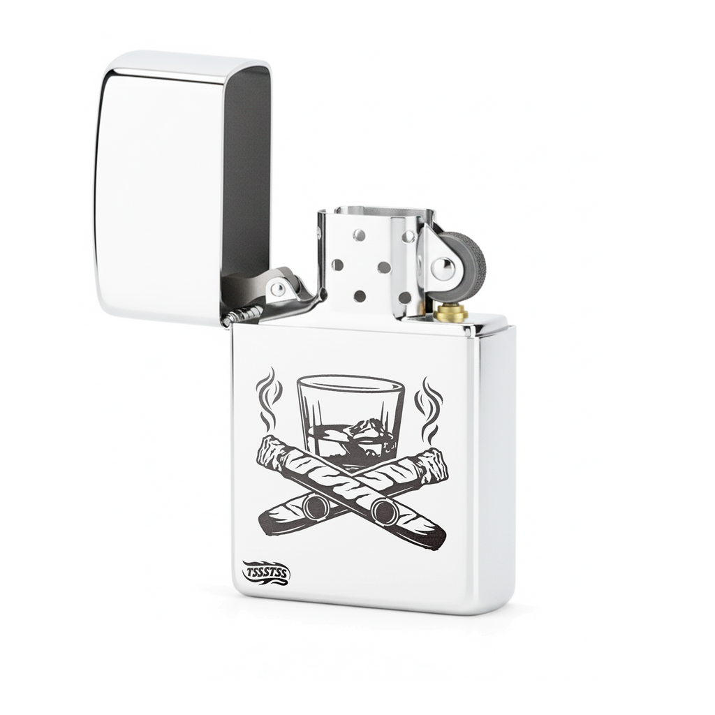 Isqueiro Cromado Polido 'Cigars & Whiskey'