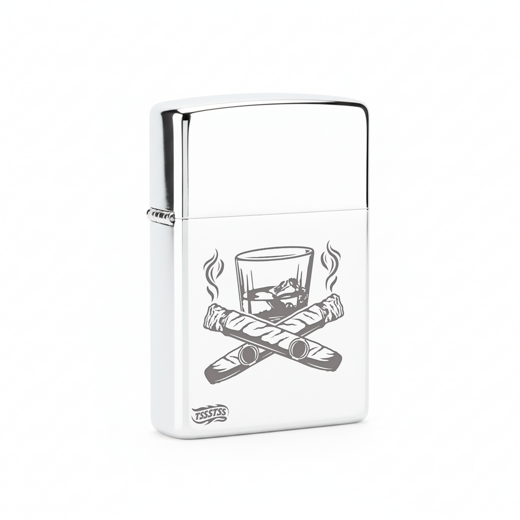 Isqueiro Cromado Polido 'Cigars & Whiskey' detalhe 3