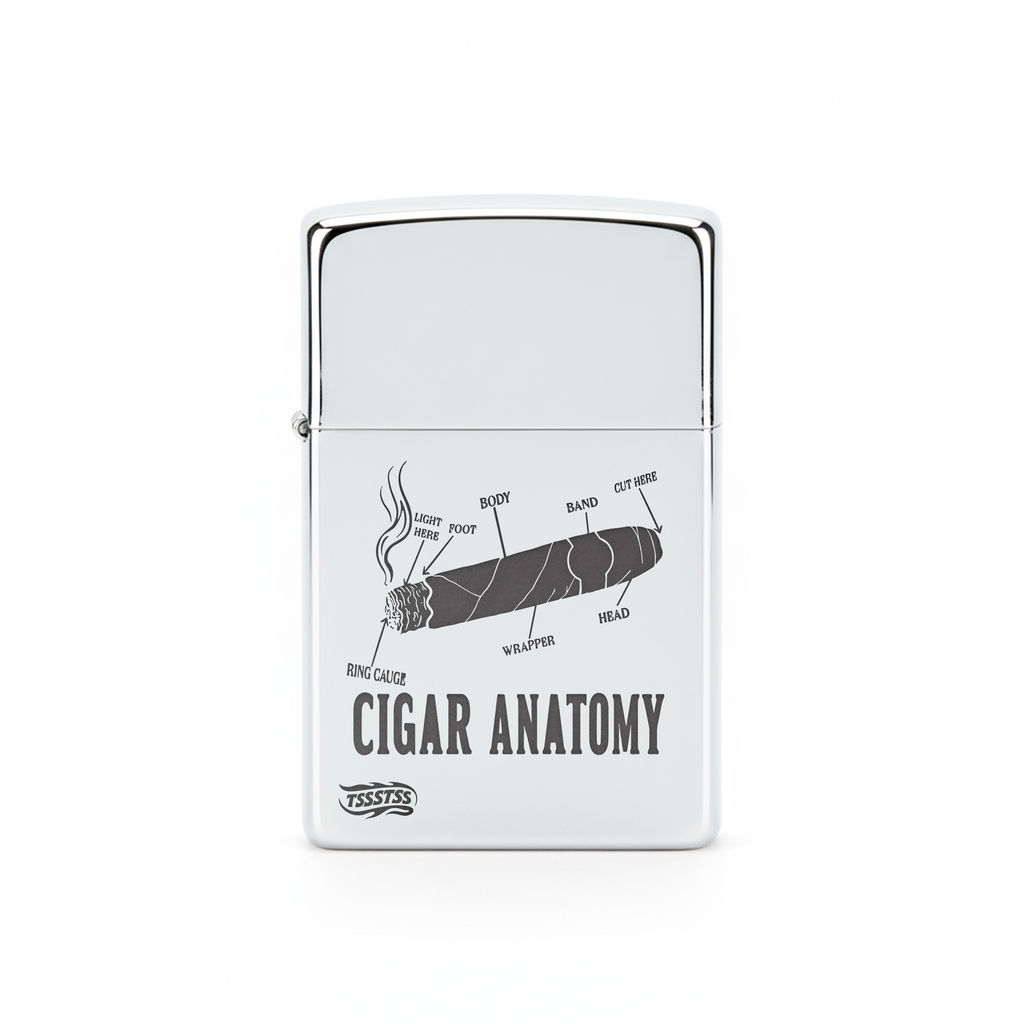 Isqueiro Cromado Polido 'Anatomia do Charuto'