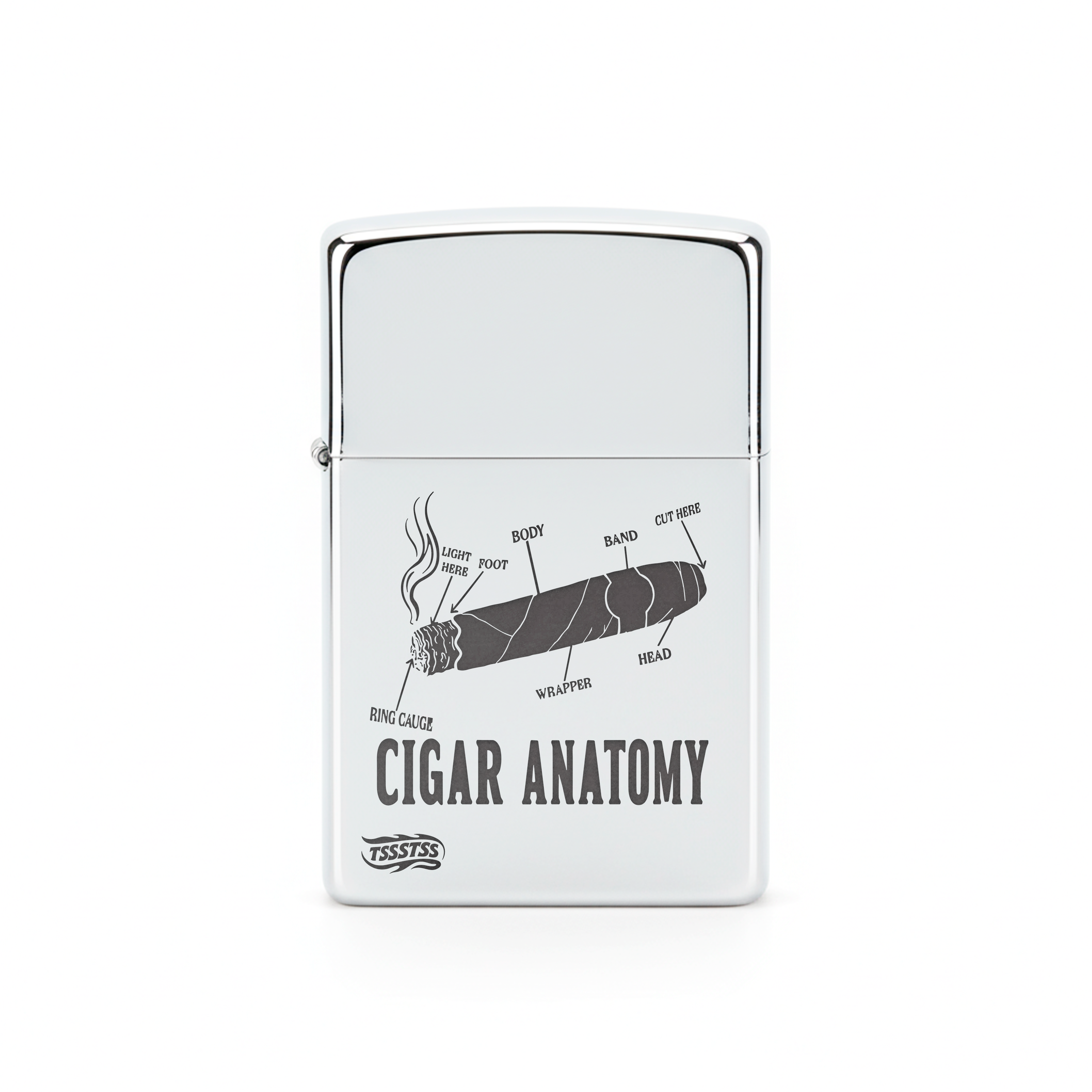 Isqueiro Cromado Polido 'Anatomia do Charuto'