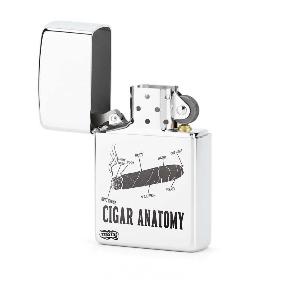 Isqueiro Cromado Polido 'Anatomia do Charuto'