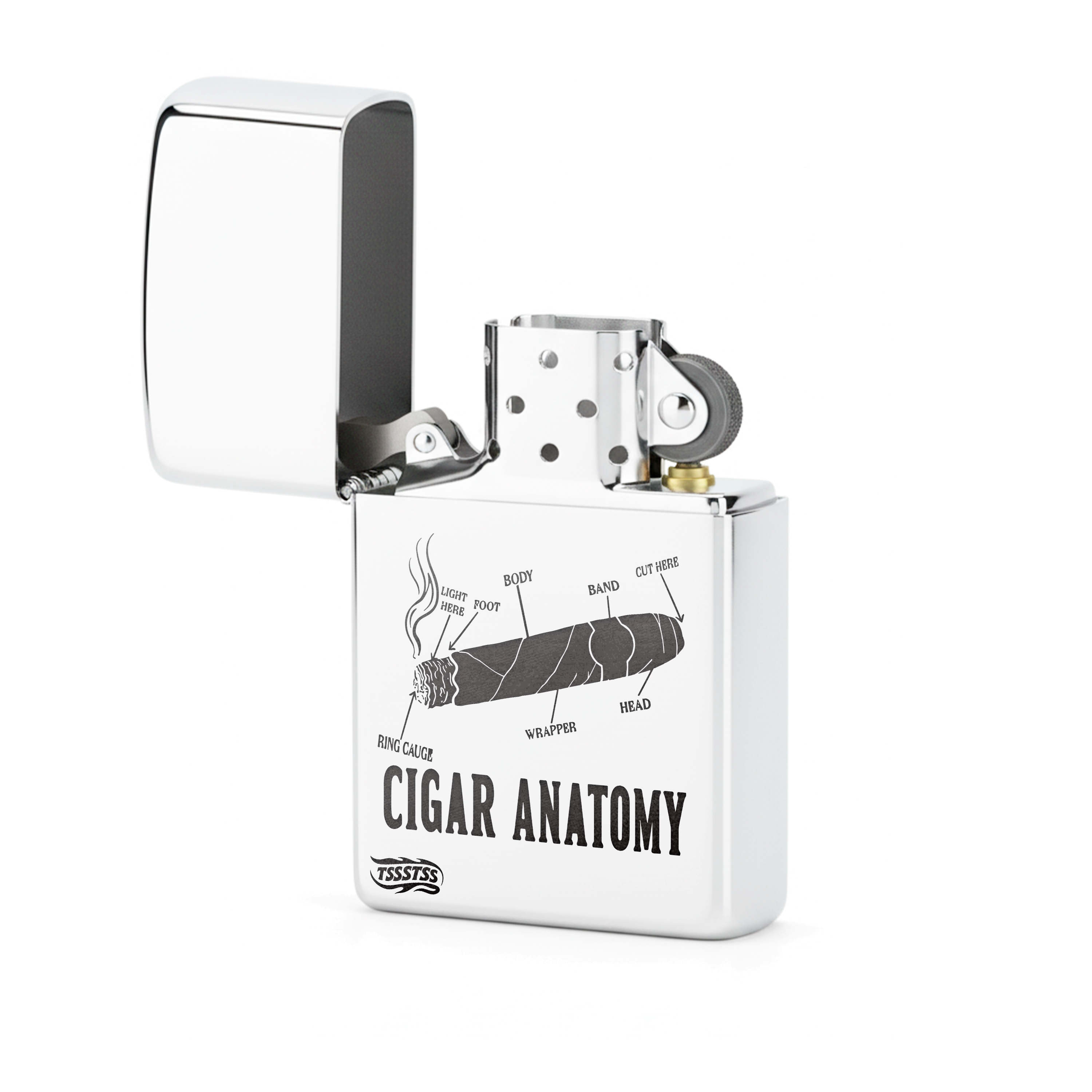 Isqueiro Cromado Polido 'Anatomia do Charuto'