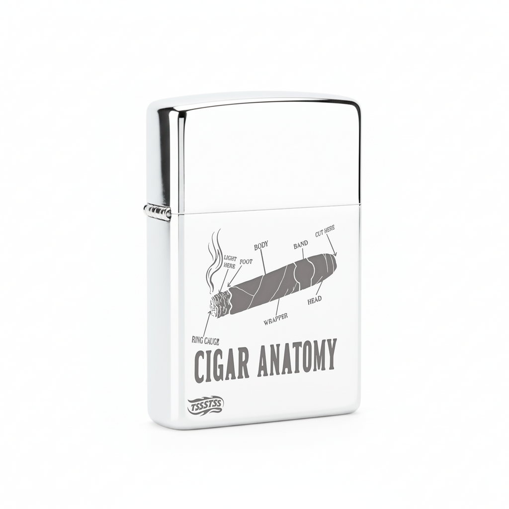 Isqueiro Cromado Polido 'Anatomia do Charuto' detalhe 3