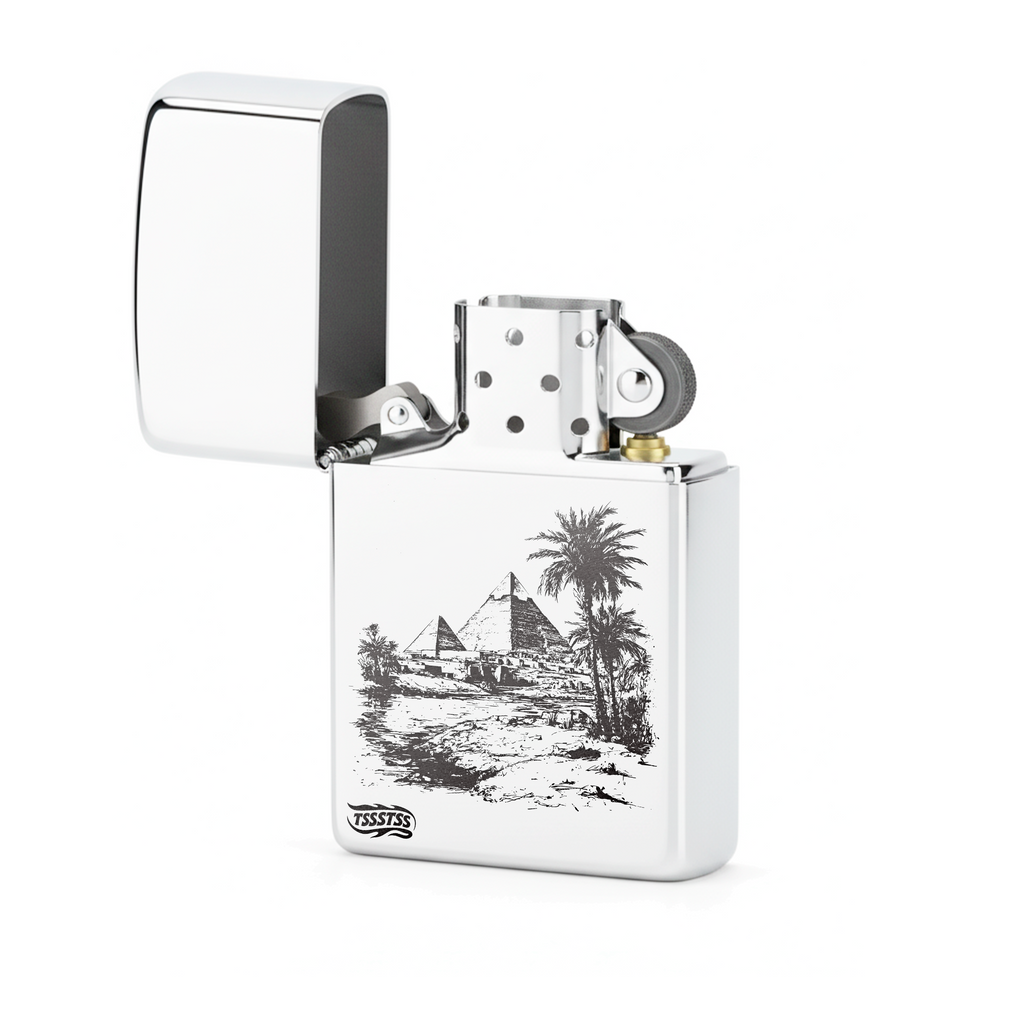 Isqueiro Cromado Polido 'Piramides de Gizé' detalhe 2