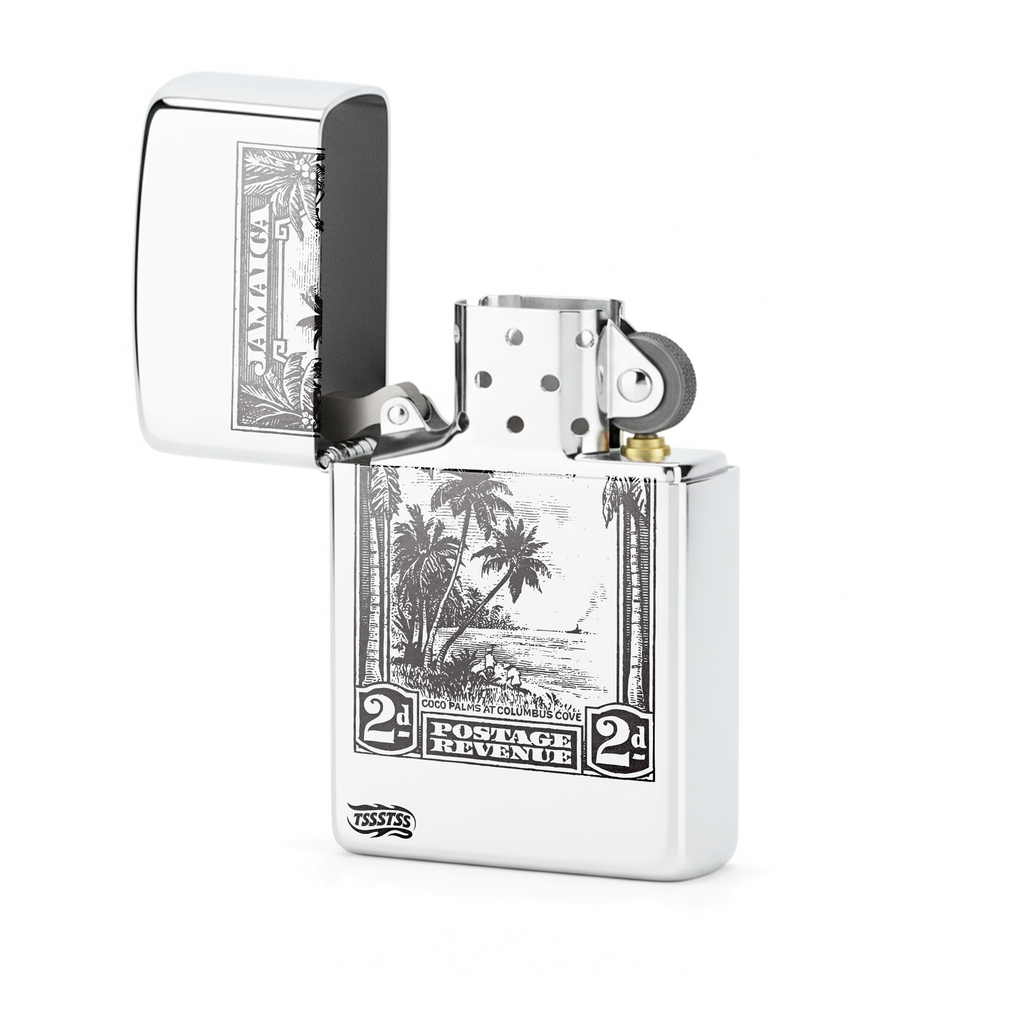 Isqueiro Cromado Polido 'Jamaica Postage' detalhe 2