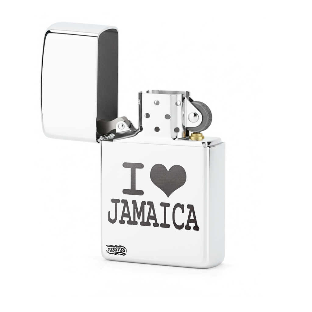 Isqueiro Cromado Polido 'I Love Jamaica' detalhe 2