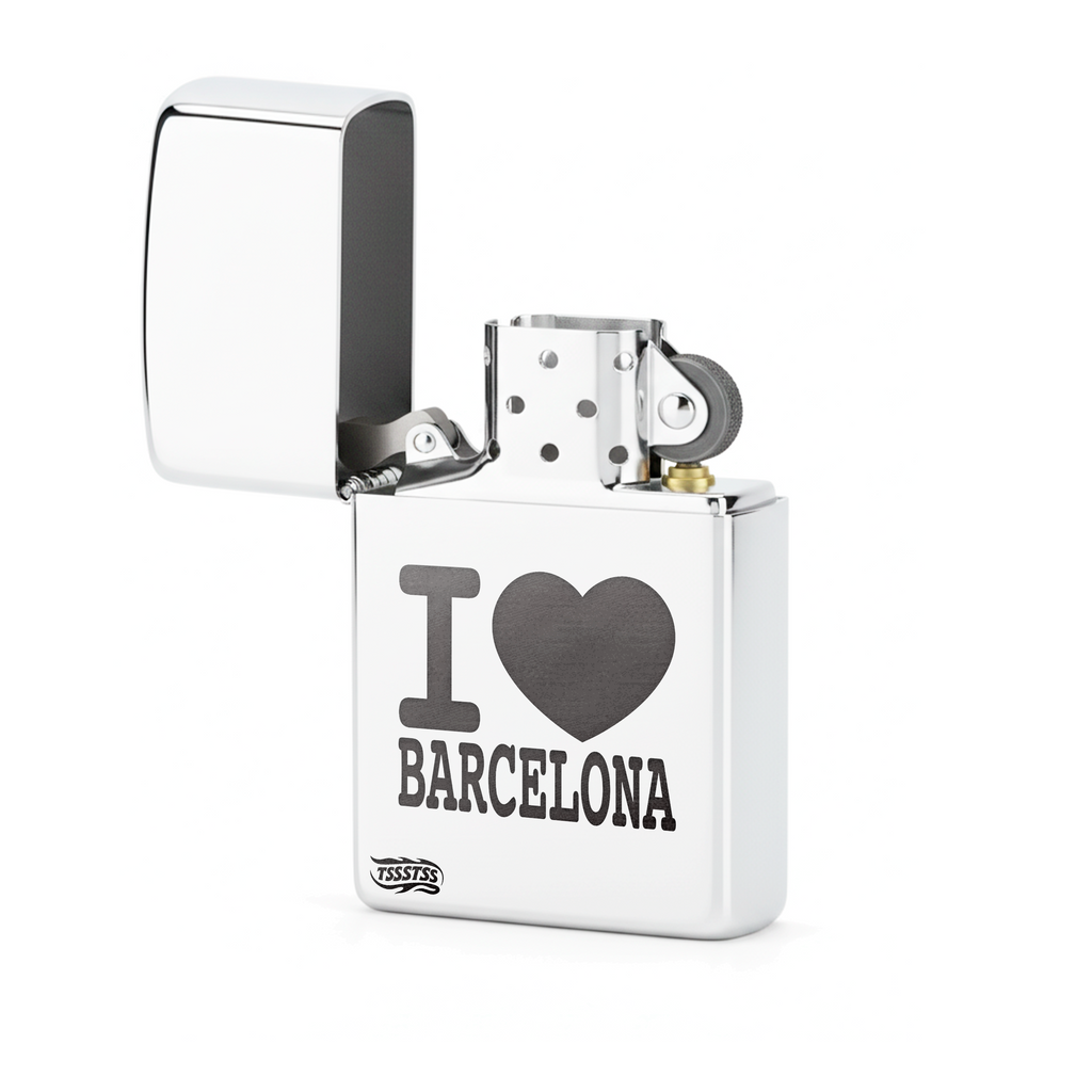Isqueiro Cromado Polido 'I Love Barcelona' detalhe 2