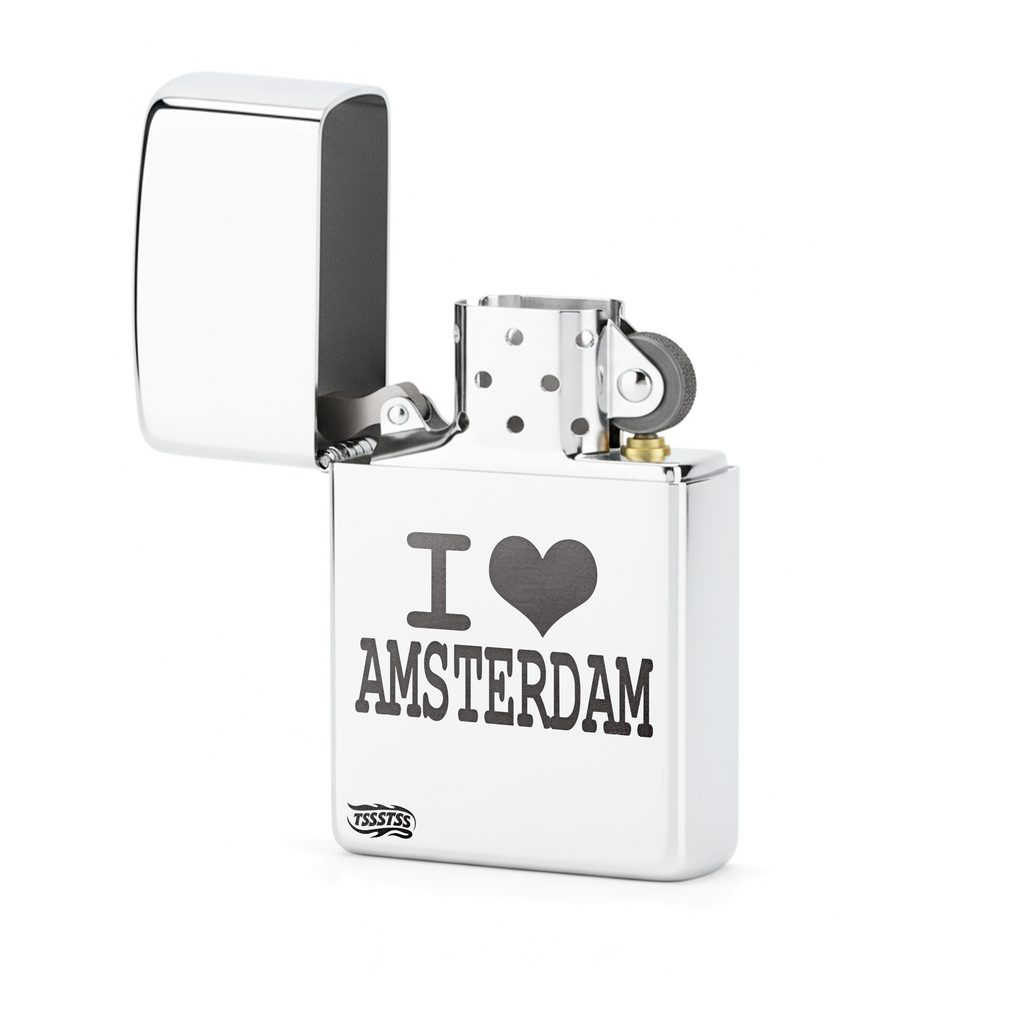 Isqueiro Cromado Polido 'I Love Amsterdam' detalhe 2