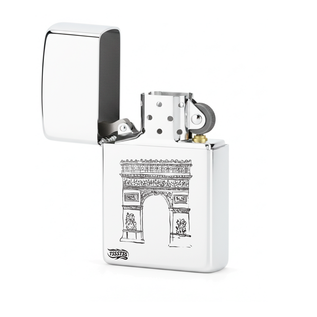 Isqueiro Cromado Polido 'Arco do Triunfo' detalhe 2