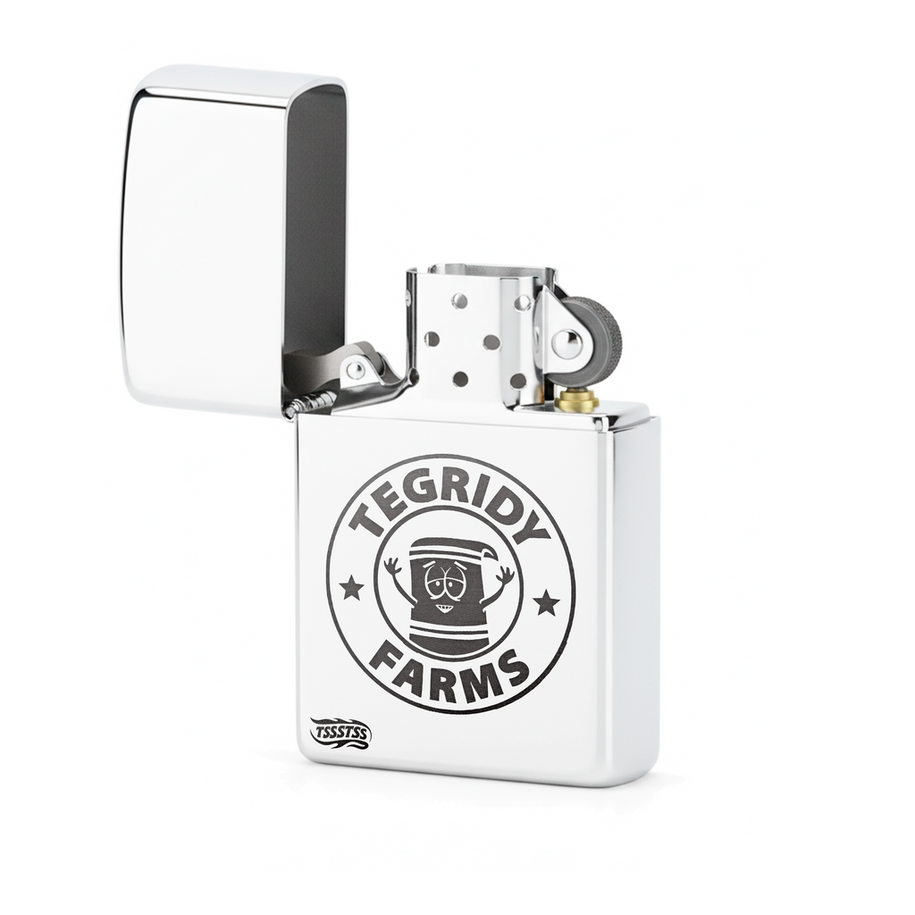 Isqueiro Cromado Polido 'Tegridy Farms' detalhe 2